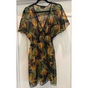 Revue Free‎ Size Tropical Bird of Paradise Sheer Cover Up Dress Green Floral